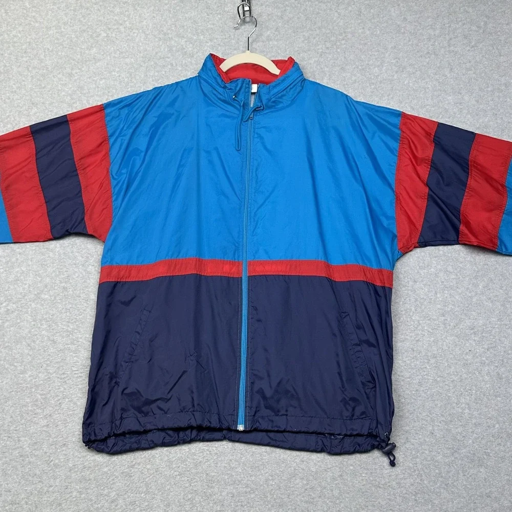 VTG 90s Cheetah Mervyns Windbreaker Jacket Mens L Blue Red Colorblock Hood Retro